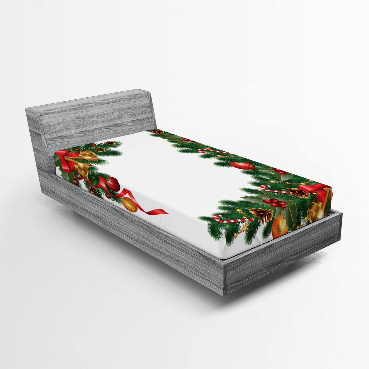 Ambesonne Christmas 2 Pack Fitted Sheet, Trees with Ornaments, Bed Cover All-Round Elastic Deep Pockets 2 Pieces, Package Contains 2 Twin Size Fitted Sheets, Forest Green