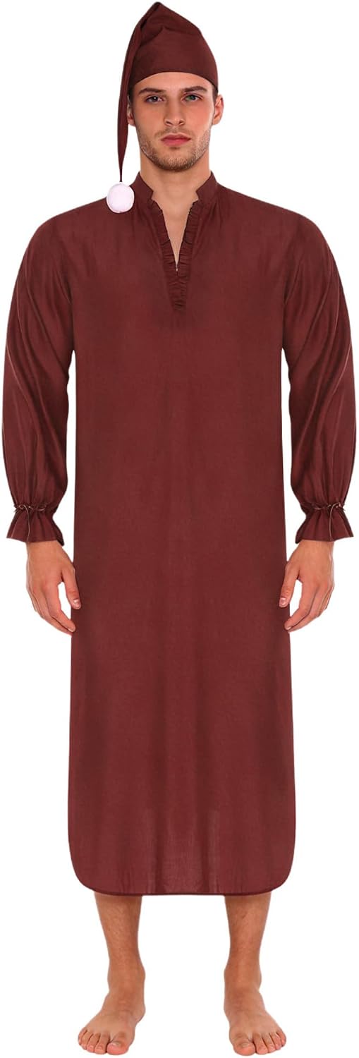 FEESHOW Men's V Neck Nightgown Ruffled Trim Long Sleeve Loose Sleep Robe with Hat Sissy Pajamas