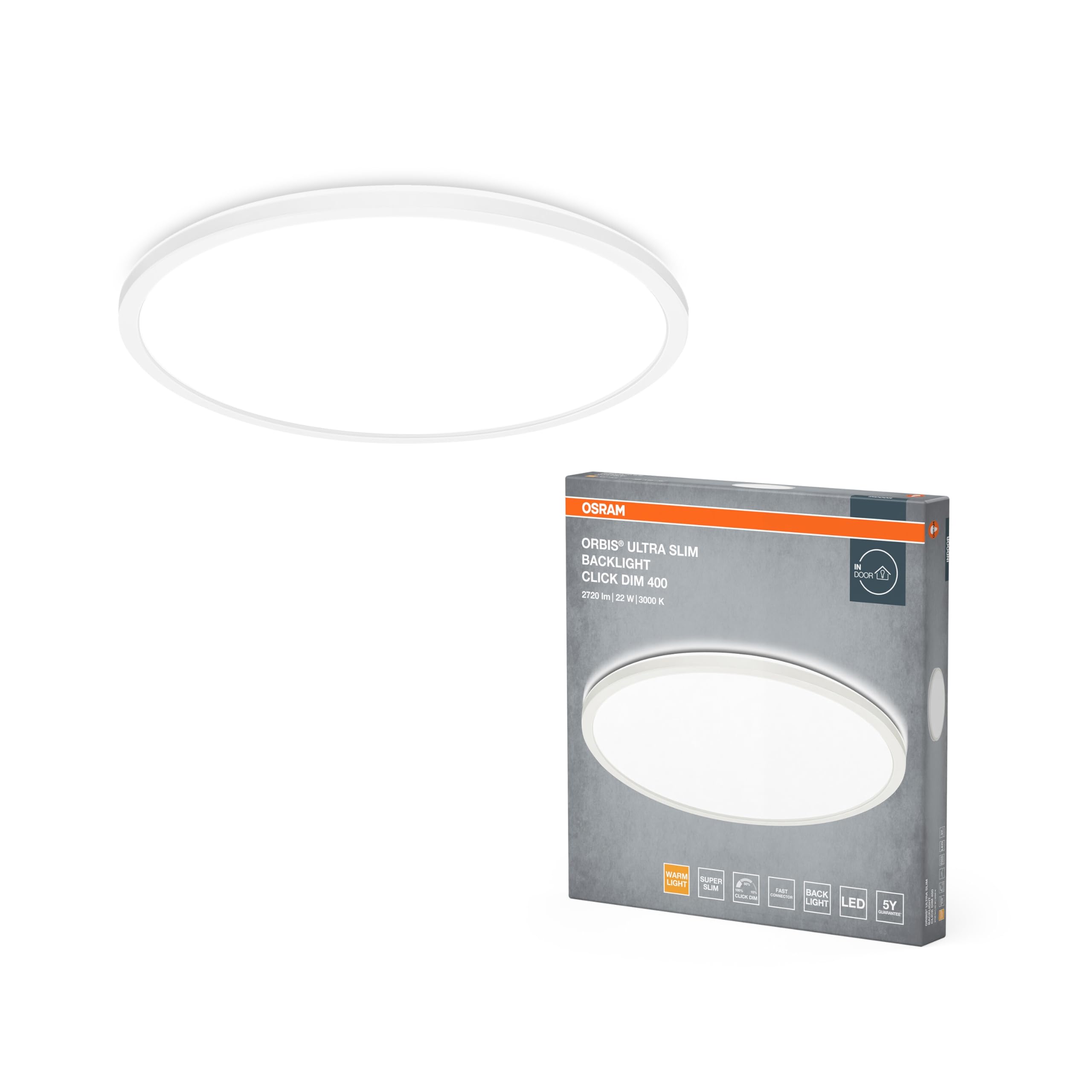 OSRAM Plafón ORBIS ClickDim 400mm, regulable, blanco | Orbis Ultra Slim Backlight, Indoor Wall Lighting, blanco, 400 mm dia, 50000 h, Paquete de 1