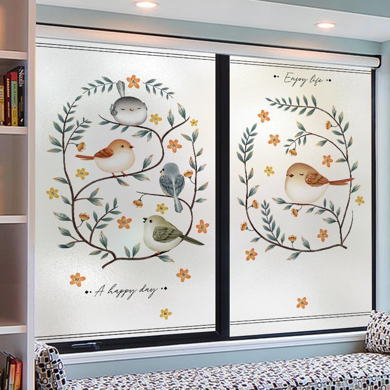 Blue Leaves Orange Privacy Film for Glass Windows Opaque Window Film Stained Glass Window Film