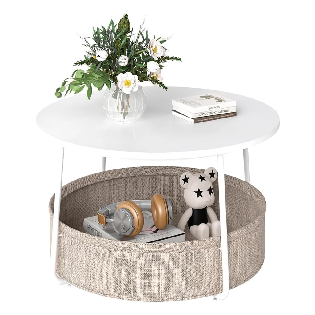 BREEZENEST Round Coffee Table with Storage Basket, 75cm Modern End Side Table for Living Room, Sturdy Steel Frame Holds 40kg, Easy Assembly (White)