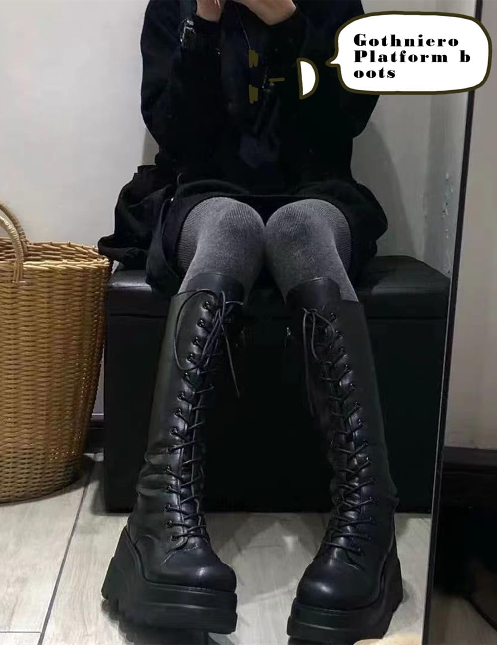 Gothniero Women Black Platform Goth Boots Knee High Chunky Heel Gothic Boot Women Black Combat Motorcycle Booties Round Toe with Zip 3UK-8UK