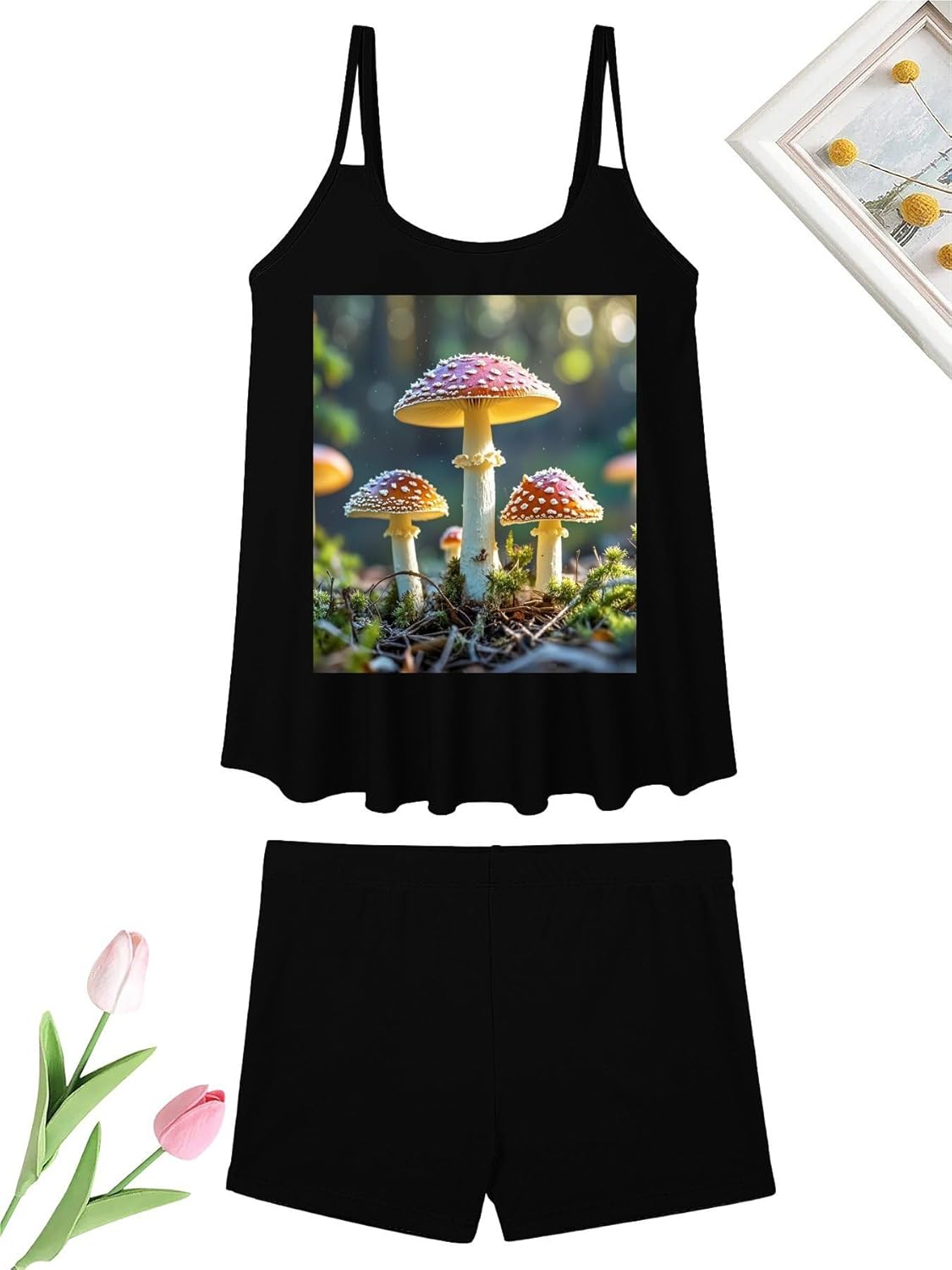 Colorful Mushroom Image Tankini Swimsuits for Women Tummy Control Two Piece Bathing Suits Swim Tops with Boy Shorts