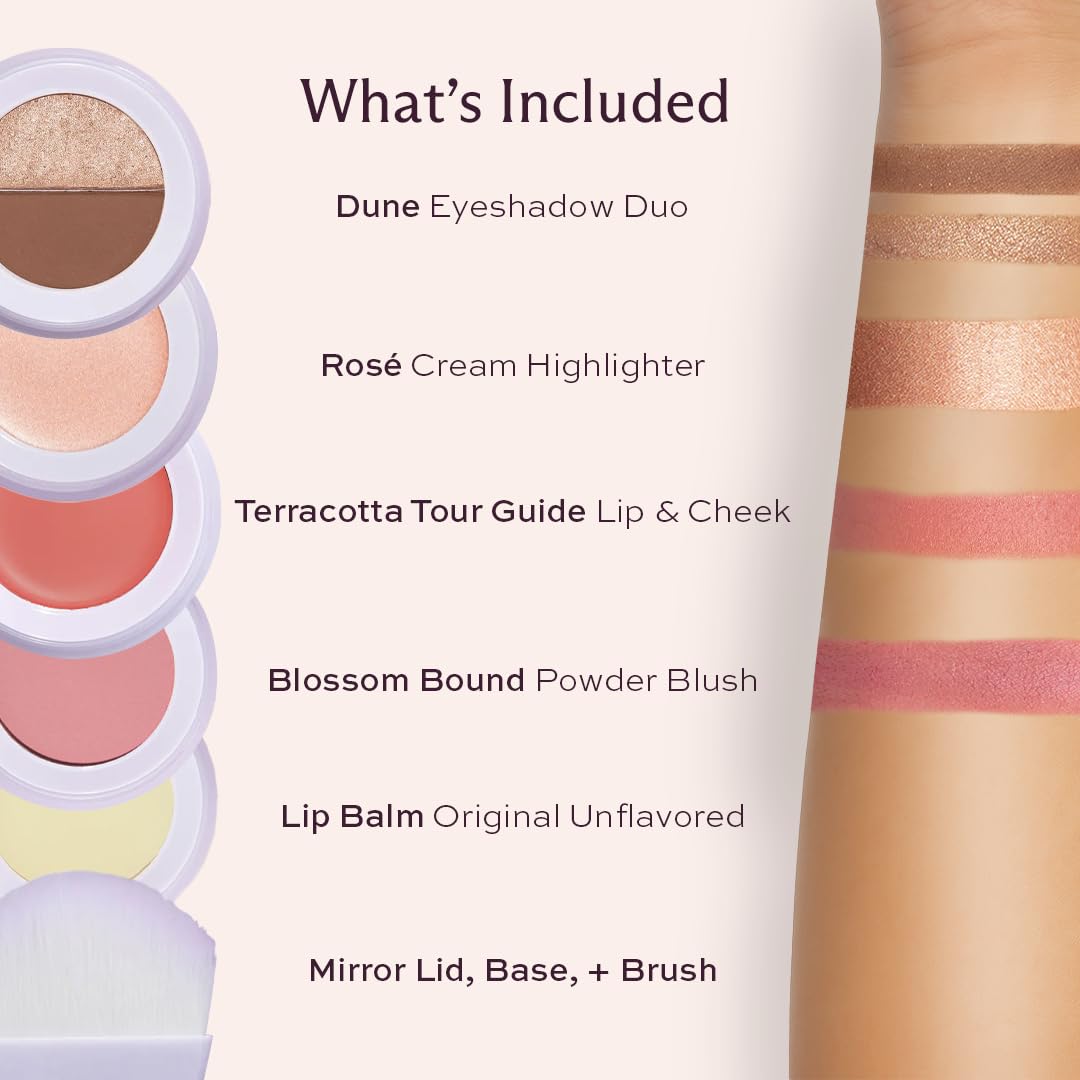 Subtl Staks 5-in-1 Travel Makeup kit by subtl beauty - eyeshadow duo, powder blush, cream highlighter, lip and cheek, lip balm - free travel mirror and brush - stackable makeup for travel