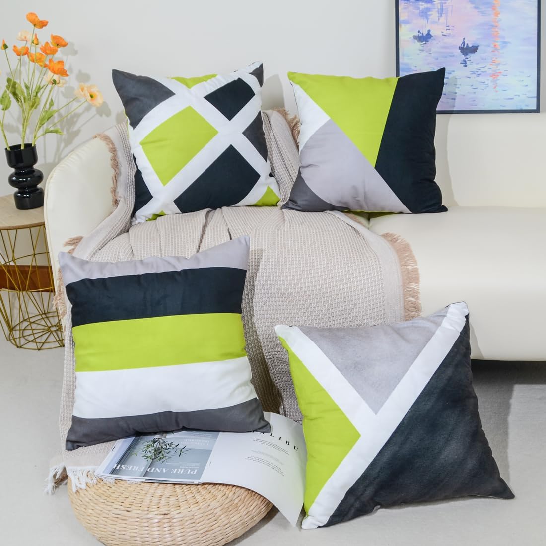 Cushion Cover 40 x 40 cm, Set of 4 Light Green Grey Geometric Soft Sofa Cushion Cover Decorative Cushion Cover Couch Cushion Modern Decorative Cushion Covers Decorative Cushion for Sofa