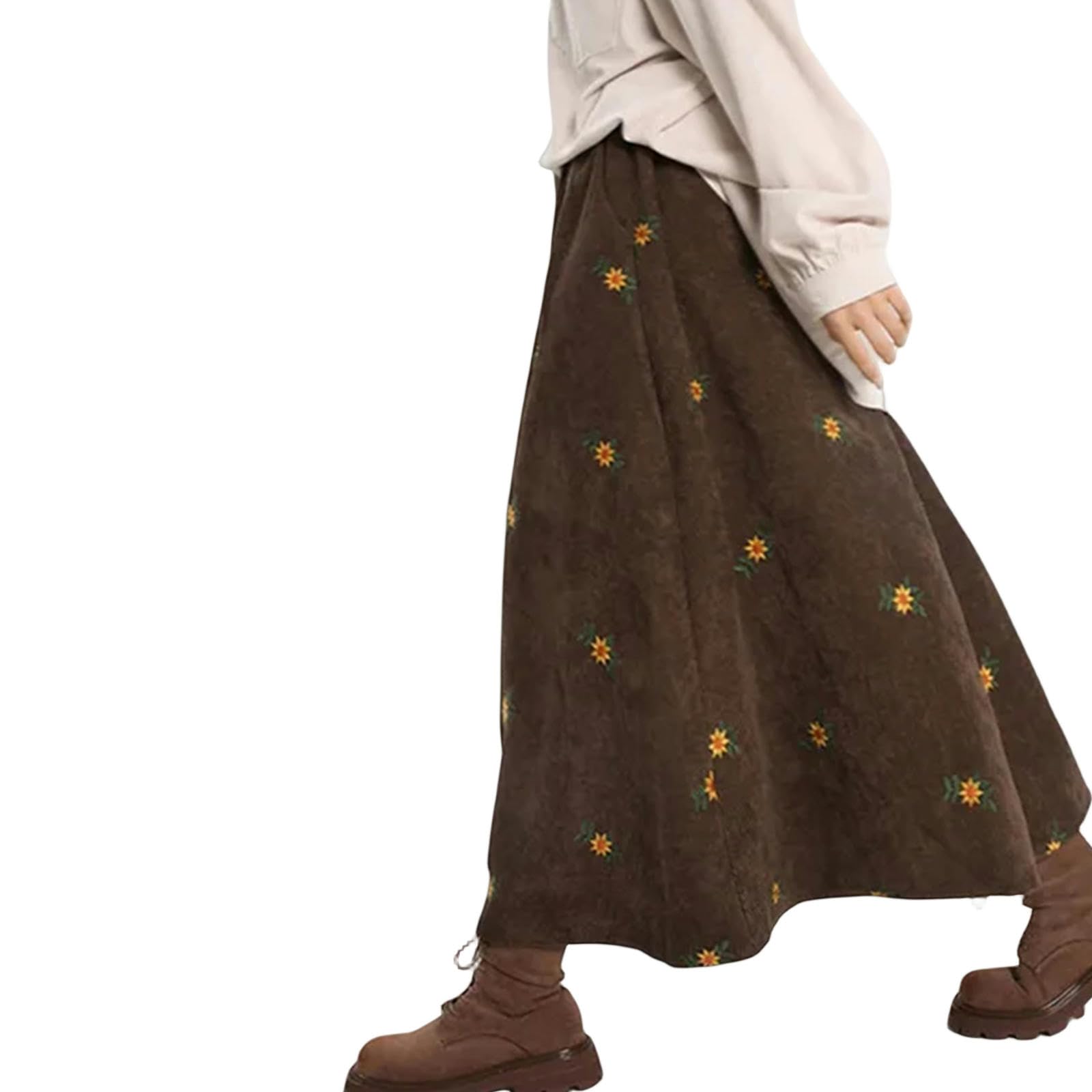MdybF Gonna Jeans Donna Donne Autunno Inverno Velluto Ricami A Velluto Sciolte Floreali Casual retrò-caffè