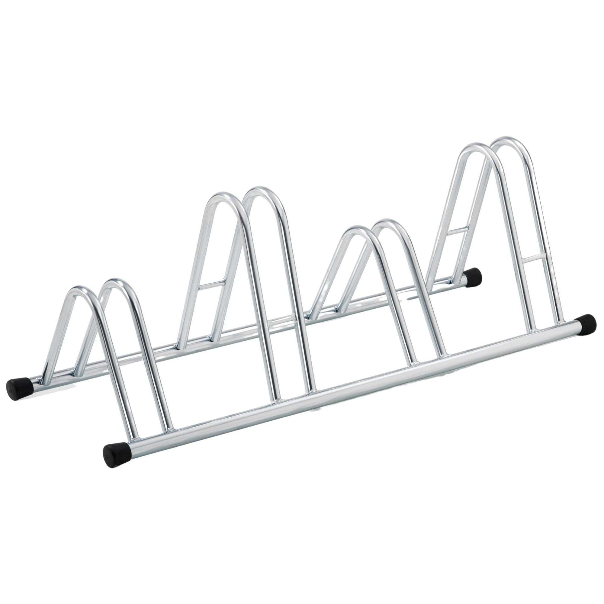 ANDRYS - Fahrradständer für 4 Fahrräder, mit schwarzen PVC-Kappen, kaltverzinkt, Farbe Silber, 110 x 42 x 38 cm