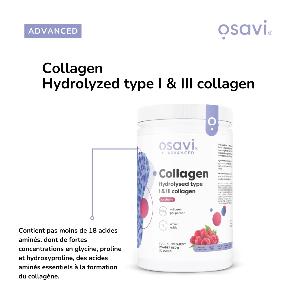 Osavi Collagène Hydrolysé Type I & III – 660 g Poudre | Saveur framboise | 20 g de peptides par portion | 18 acides aminés dont glycine & proline | Soutient muscles & os | Se dissout facilement