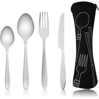 SZCXDKJ 4 Piece Cutlery Set with Portable Bag Stainless Steel Camping Cutlery Set with Neoprene Bag for Outdoor Travel Picnic Office School Lunch