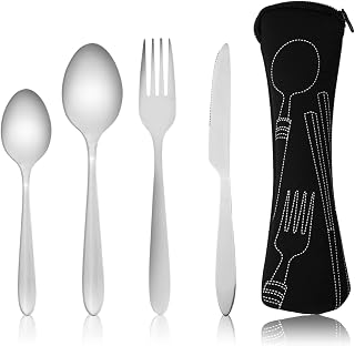 SZCXDKJ Juego de 4 piezas de cubiertos con estuche portátil, juego de cubiertos de acero inoxidable para acampar con bolsa de neopreno para viajes al aire libre, picnic, oficina, almuerzo escolar
