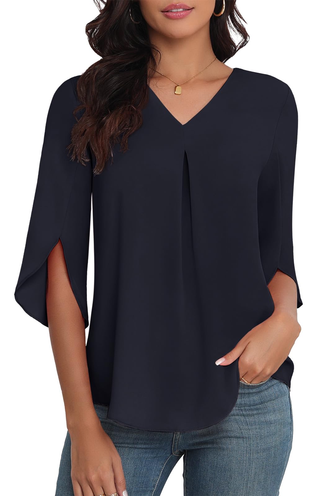 LAOLASI Womens Summer Chiffon Blouses 3/4 Sleeve V Neck Casual Loose Work Tops for Leggings 2025 Flowy Dressy Tshirts