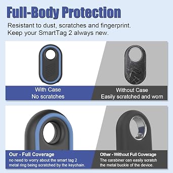2 Pack Compatible for Samsung Galaxy SmartTag2 Case, Rugged Full Protective Anti-Slip Soft Silicone Case for Galaxy Smart Tag 2 with Key Ring, for Keys, Wallet, Luggage, Pets (Black & Blue)
