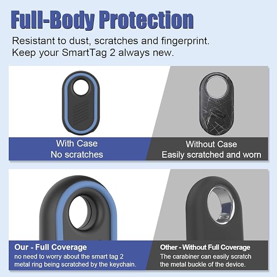 2 Pack Compatible for Samsung Galaxy SmartTag2 Case, Rugged Full Protective Anti-Slip Soft Silicone Case for Galaxy Smart Tag 2 with Key Ring, for Keys, Wallet, Luggage, Pets (Black & Blue)