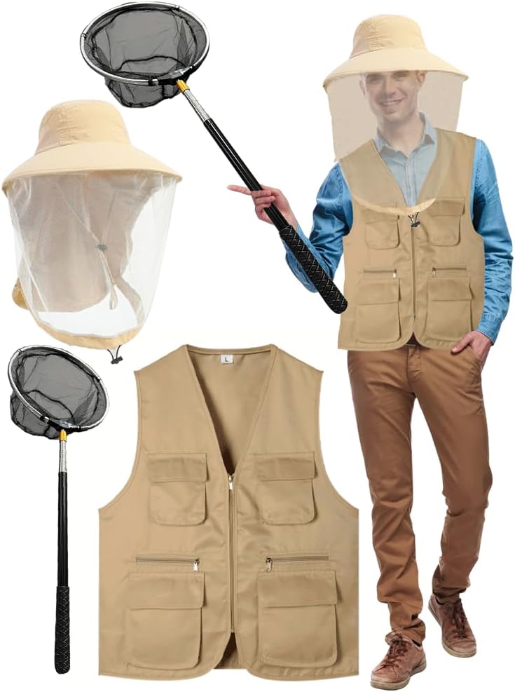 3 Pcs Butterfly Catcher Costume Fishing Vest Hat for Adult Men Monarch Butterfly Bee Ladybug Fish Catcher Cosplay