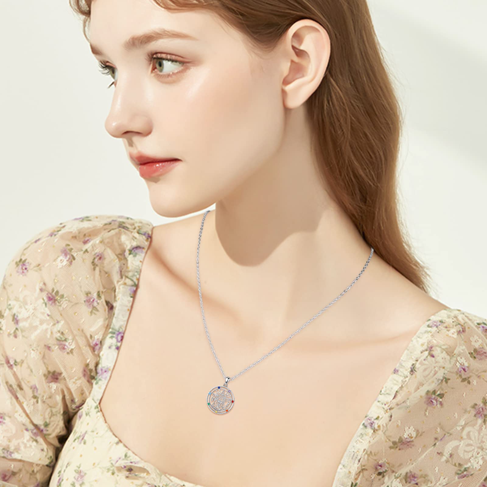 Tetragrammaton - Collar de plata de ley con colgante de pentagrama de 7 chakras, collar pagano, joyería pagana, regalo para mujer, Plata esterlina