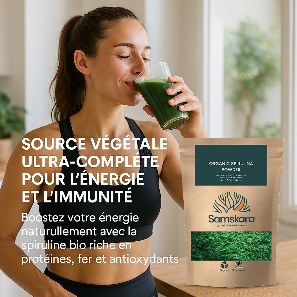 Spiruline en Poudre BIO Samskara | 63% Protéines | Superaliment Naturel | Spiruline Poudre Bio pour Smoothies, Yaourts, Recettes | Organic Spirulina Powder - 1 kg