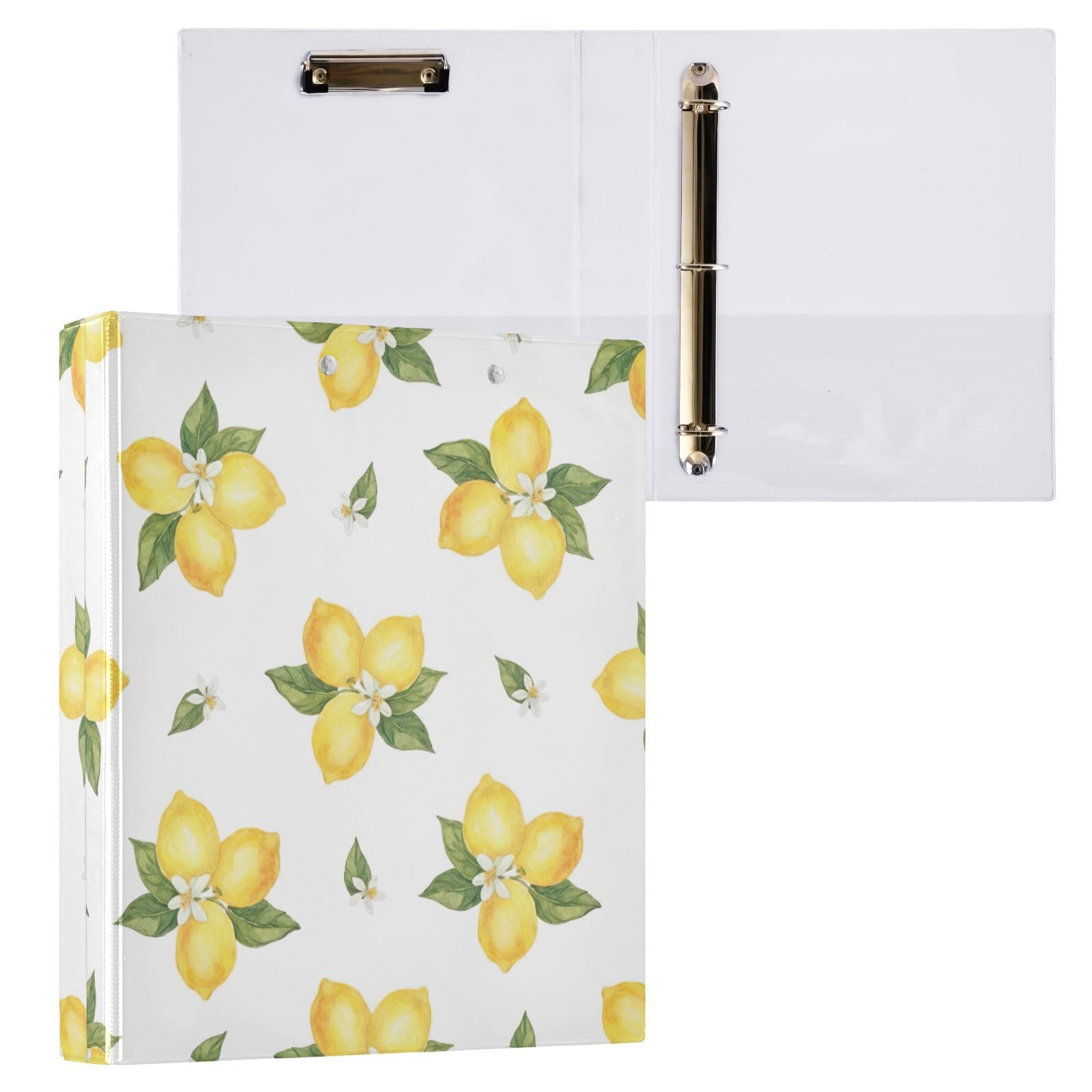 Carpeta de 3 anillos, carpeta de anillos en D de limones amarillos y blancos, paquete de 2 | Con portapapeles y bolsillos, para escuela, universidad, oficina