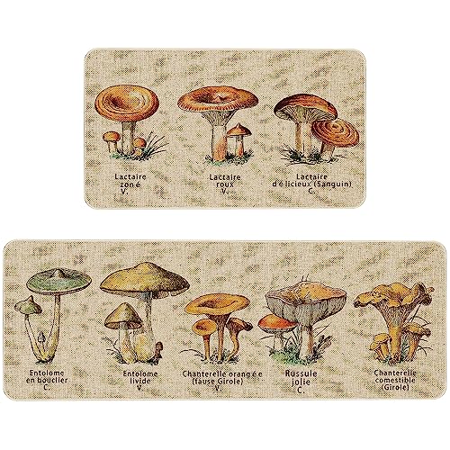 Mloabuc Juego de 2 alfombras de cocina con diseño de hongos y flores de granja, antideslizantes, lavables, delgadas, impermeables, para pasillo, lavandería, pasillo