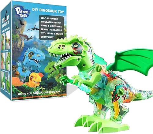 Juguete eléctrico de dinosaurio caminante T-Rex, espray de niebla de agua, sonido rugiente, dinosaurio robot desmontable, con luz y música, juguetes