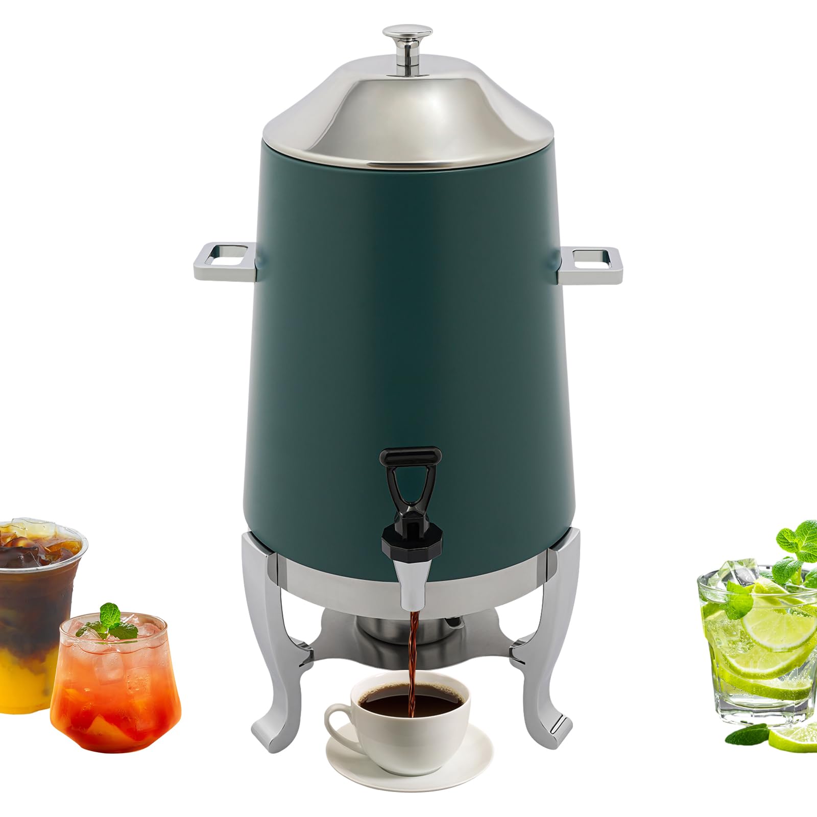 13L Commercial Coffee Urn Electric & Alcohol Heating, Stainless Steel Water Dispenser for Coffee Tea Juice Milk, Beverage Dispenser with Stand for Tea Party Buffet Catering (Green)