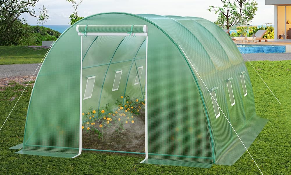 10x10x7 ft Greenhouse, Outdoor Walk-in GreenHouses with Screen Windows and Dual Zippered Door, Portable Waterproof Green Houses Tent for Outside Heavy Duty with Reinforced Frame