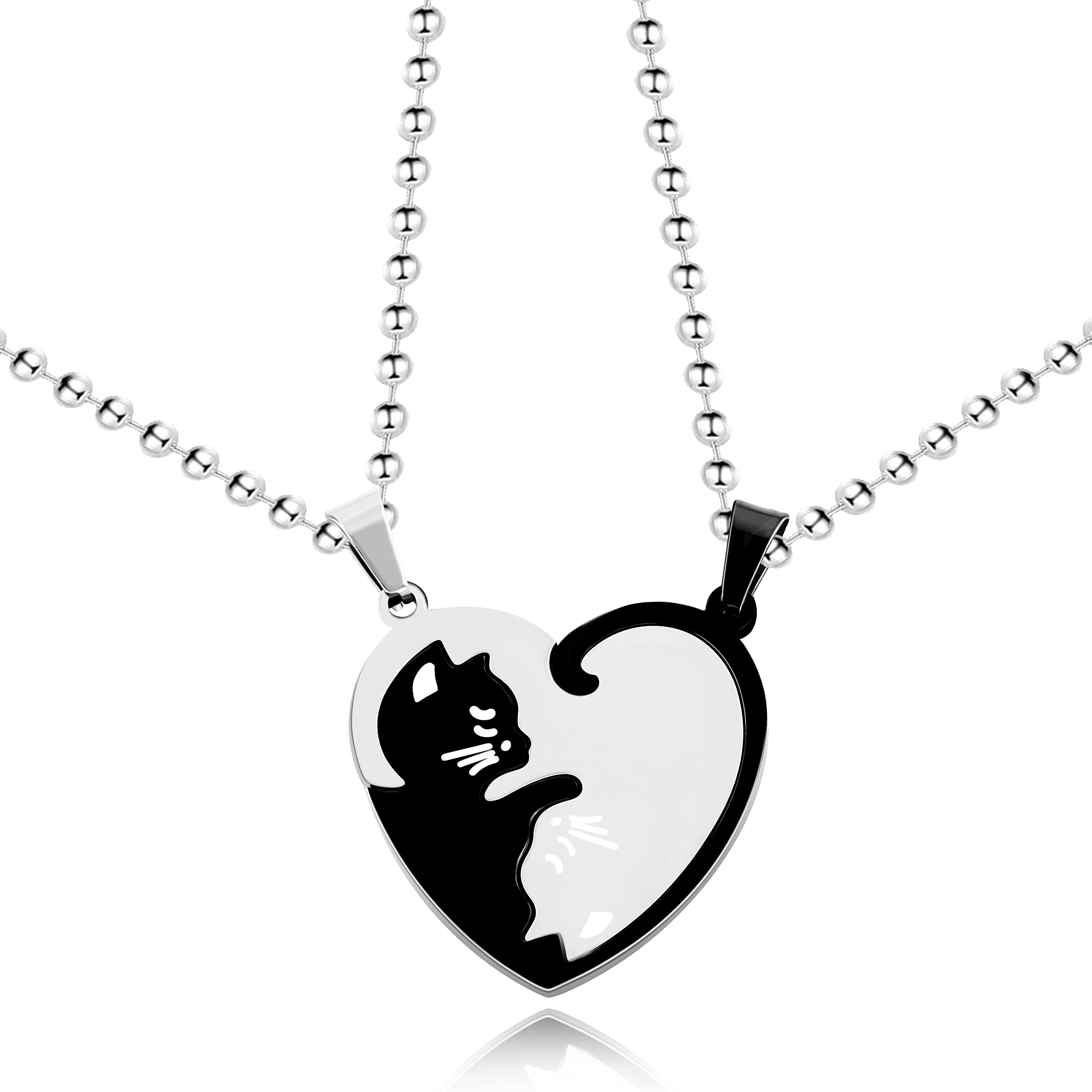 Uloveido A Pair of Titanium Cute Cat Puzzle Matching Necklaces Set Couples Stainless Steel Animal Necklace Valentine's Gift for Boy and Girl SN156