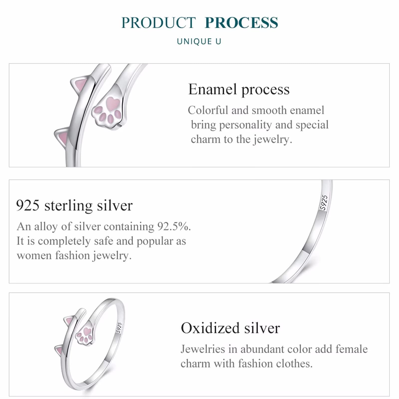 Qings Bague Réglable Chat 925 Sterling Rose émail Bague Animal Argent Simple Mignon Pet Kitty Empilable Déclaration Bagues Bijoux Mode Cadeaux pour Filles Femmes