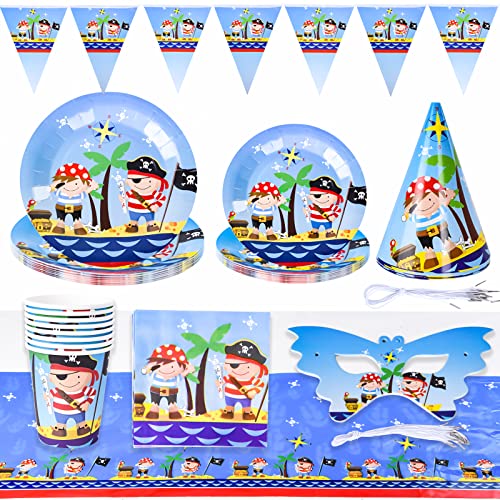 Ulikey 52 PCS Set de Vaisselle de Fête Pirate, Assiettes de Fête Pirates pour Enfants, Décoration de Fête d'anniversaire Pirate Assiettes Tasses Bannière de Table pour 8 Invités