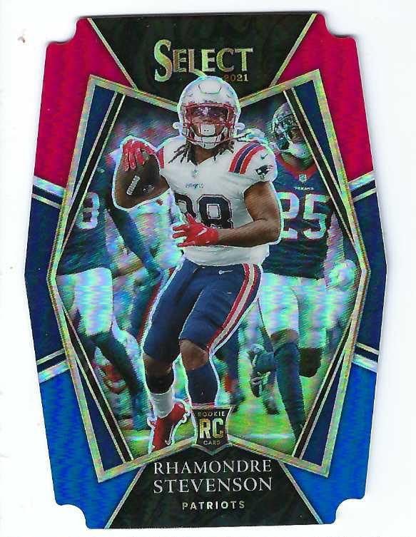 RHAMONDRE STEVENSON 2021 Panini Select Premier Level #175 RED and BLUE DIE CUT PRIZM PARALLEL Football Rookie Card RC New England Patriots