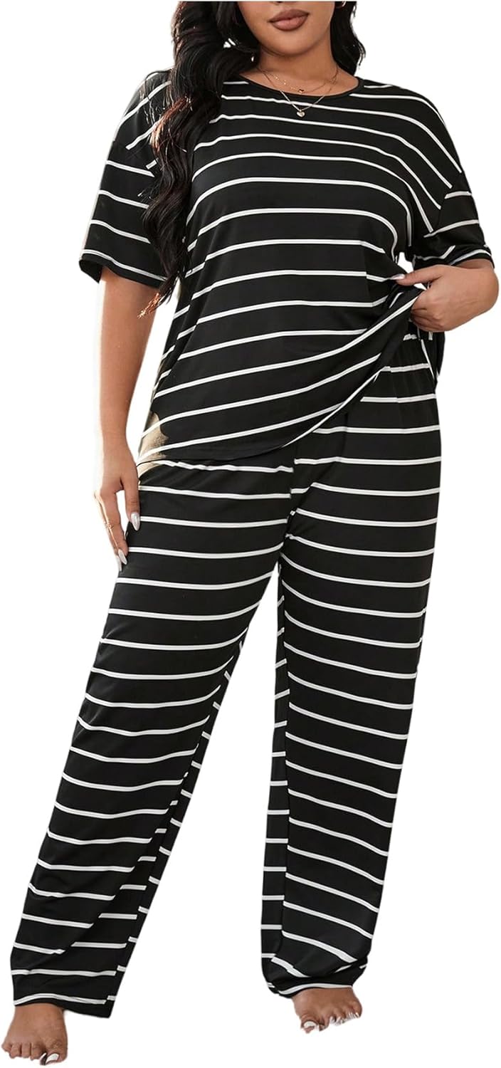 OYOANGLE Women's Plus Size Striped Pajama Set Short Sleeve Tee Top Elastic Waist Pants Sleepwear