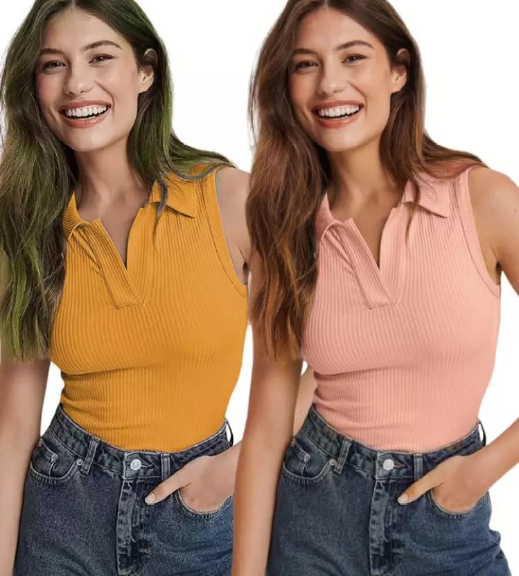 kt style Women's Lycra Ribbed Polo Collared Regular Fit Sleeveless Full Length Tops Combo Pack of 2-picture-32