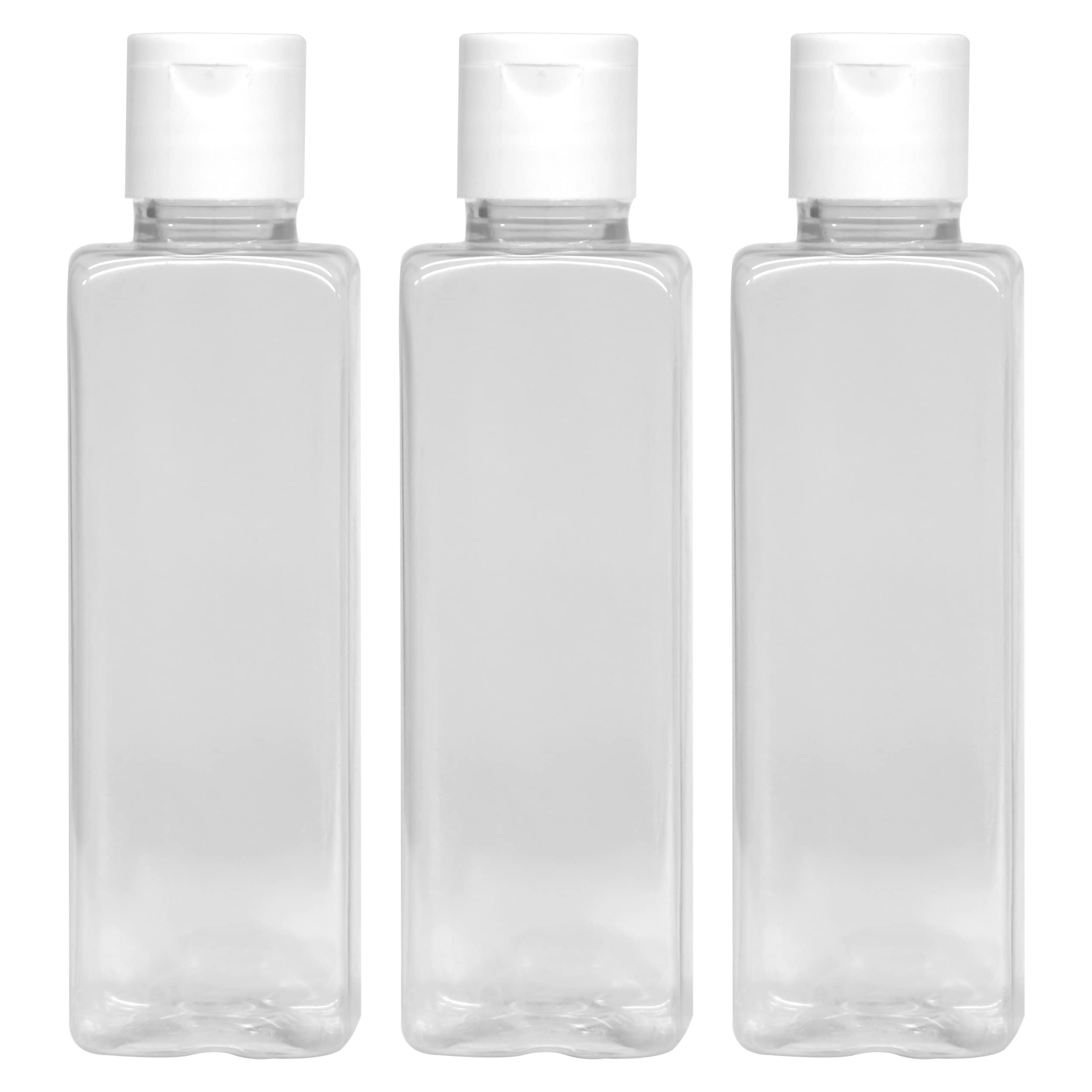 meeto empty clear refillable bottles travel size, cosmetic containers small leak proof squeeze bottles with white flip top cap for toiletries, shampoo, rectangular, 100ml, pack of 3