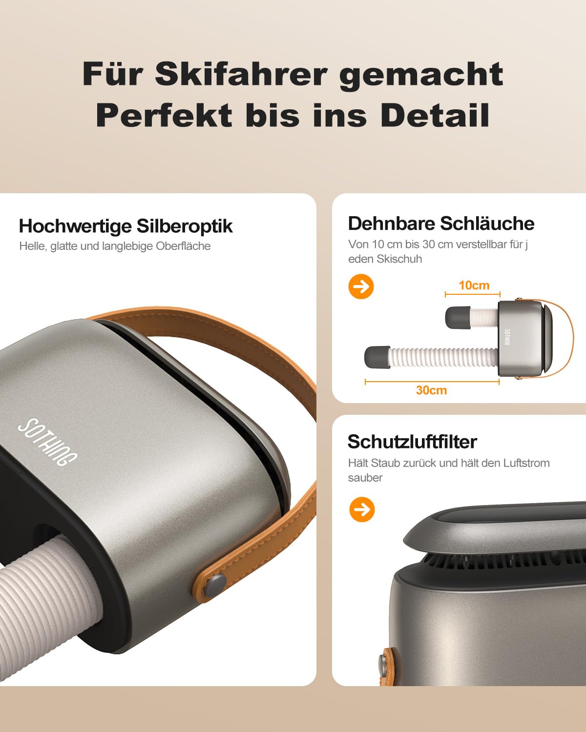 SOTHING Schuhtrockner Elektrisch, 95W Schnelles Trocknen mit 3 Heizstufen, Schuhtrockner Ozon Frischemodus, 1–9H Timer, Ausziehbare Schläuche & Überhitzungsschutz – Tragbarer Skischuhtrockner