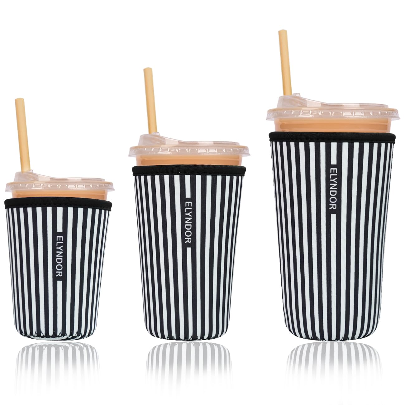 Reusable Insulated Sleeve for Iced Coffee Cup, 3-Pack Coffee Neoprene Drink Sleeve for Cold &amp; Hot Drinks, Beverage Holder for Iced Coffee (Black Stripes)