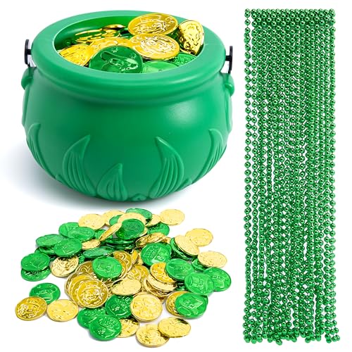 JOYIN 119 Pcs St. Patrick’s Party Supplies Set, 18 Bead Necklaces, 100 Plastic Coins and 1 Cauldron, St Patrick’s Day Party Favor Supply (Green Cauldron, Bead Necklace, Green and Gold Coins)