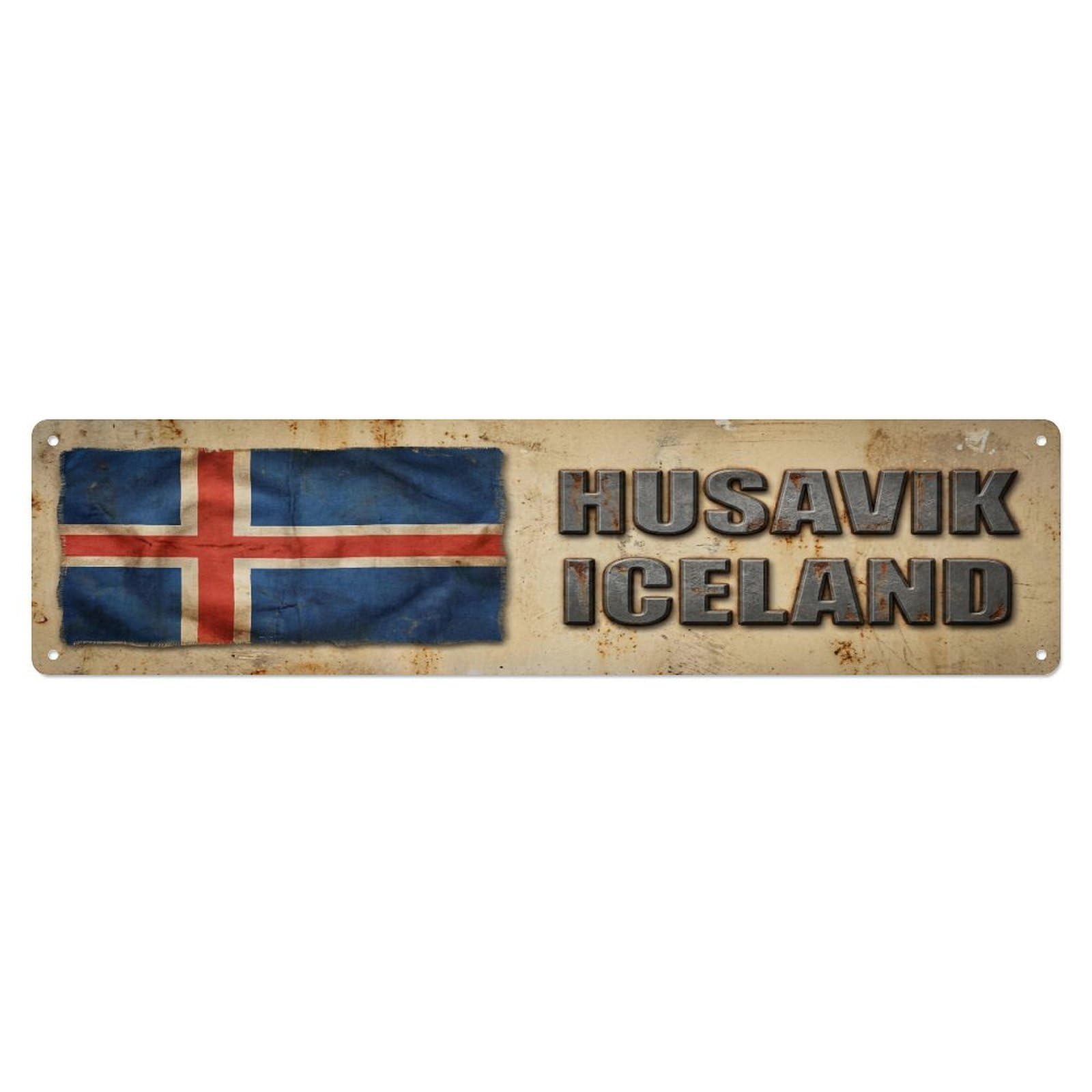 Metal Tin Sign Vintage Husavik Iceland Flag Decor Rustic Travel