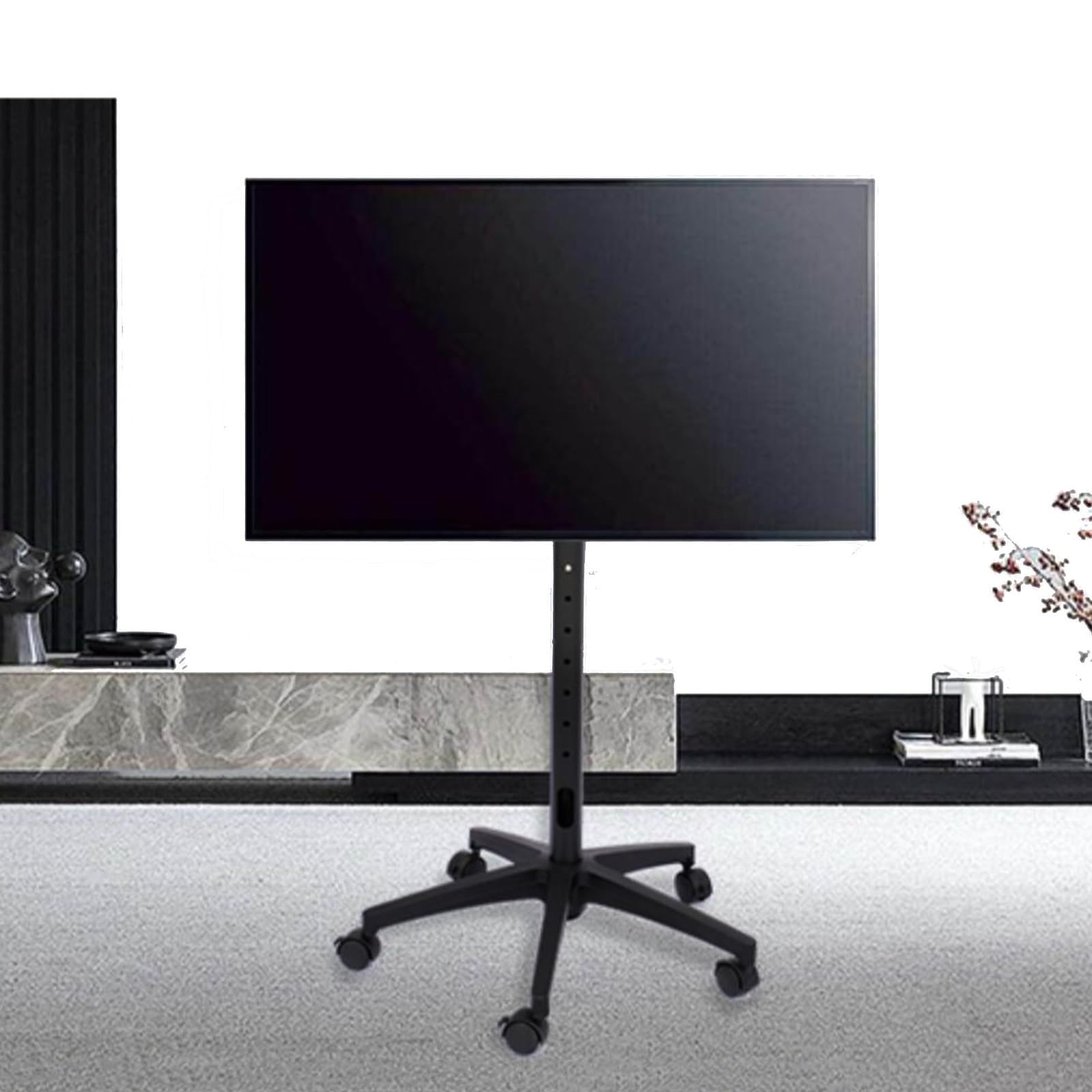 HPTHLY Height Adjustable Floor Tv Stand With - Mobile Tv Cart With Wheels, For 32-55 Inch Screen Tvs, 15° Tilt, 0-90° Unidirectional Rotation