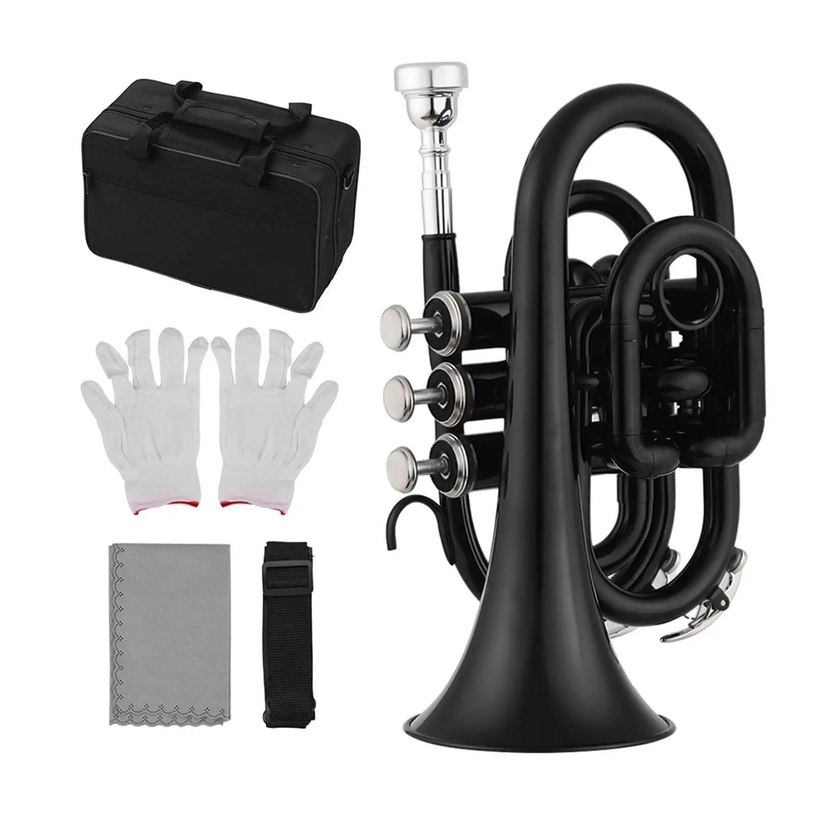 Trąbka Miniaturowy Instrument Dęty W Formie Trąbki Bb Z Futerałem Z Tkaniny Rękawiczkowej(Black)