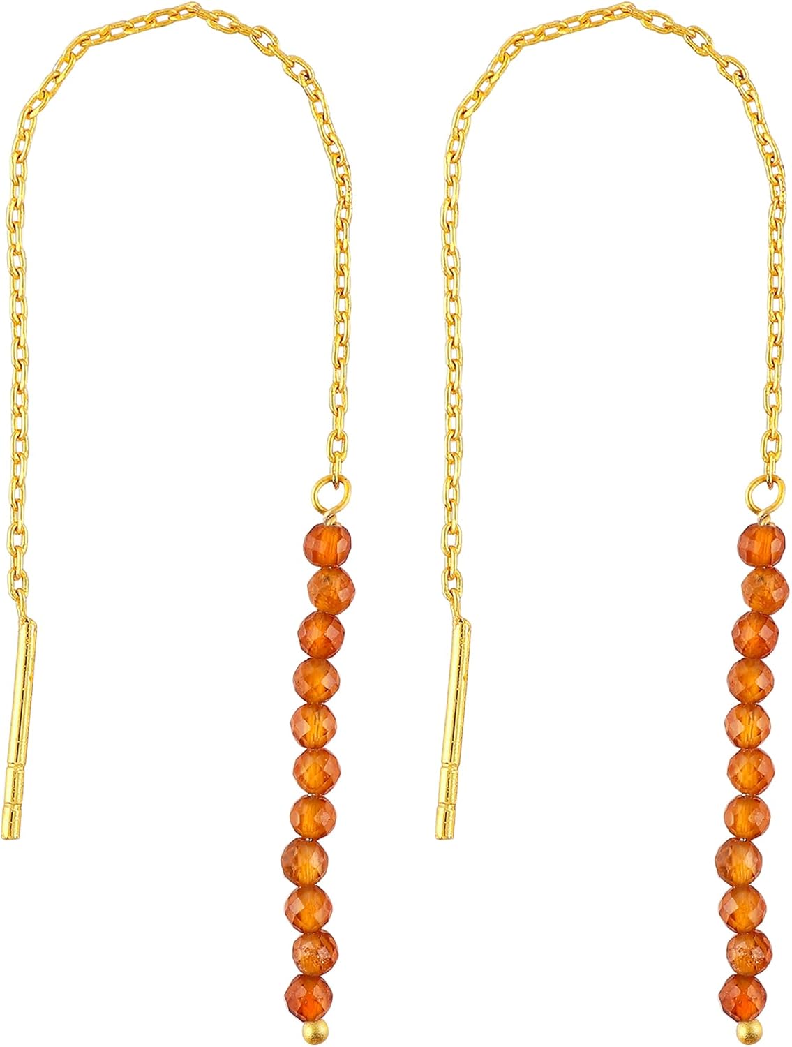Natural Gemstone Threader Earrings for Women - Dainty 2mm Faceted Beads - Birthstone Crystal Drop Earrings - Silver Plated Healing Jewelry