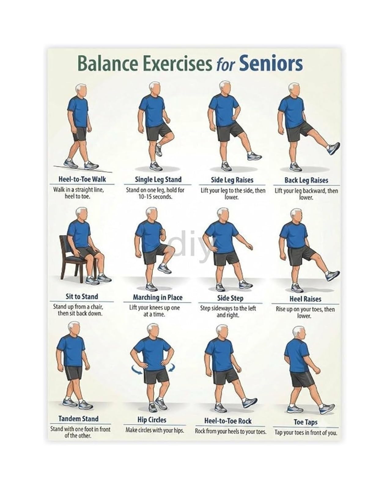 XGINERFEX Stay Steady Senior Exercises Poster Balance and Mobility Guide for Assisted Living Decor(Unframed,08x12inch(20x30cm))