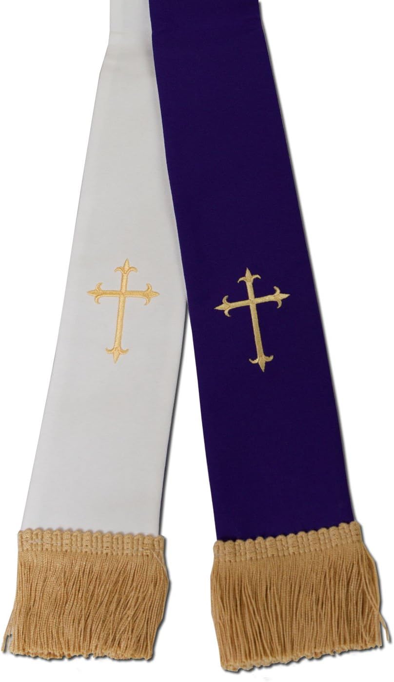 Murphy Robes 11212X Stole-Visitation-Reversible-White & Purple With Gold Latin Cross