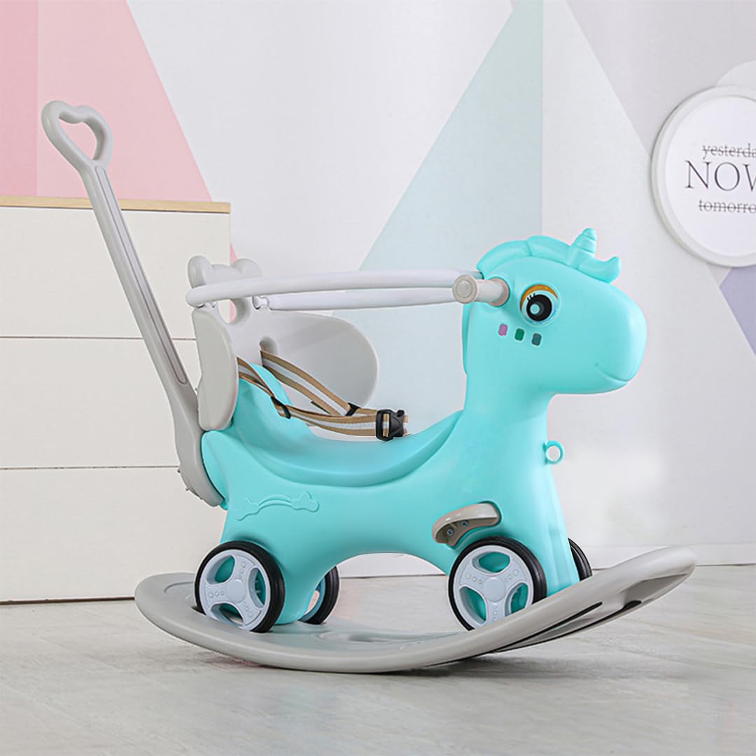 Runboll Rocking Horse for Toddlers, Baby Rocking Toy with Push Handle, Backrest & Detachable Balance Board, Riding Horse Toy for Baby Girl and Boy, 1-