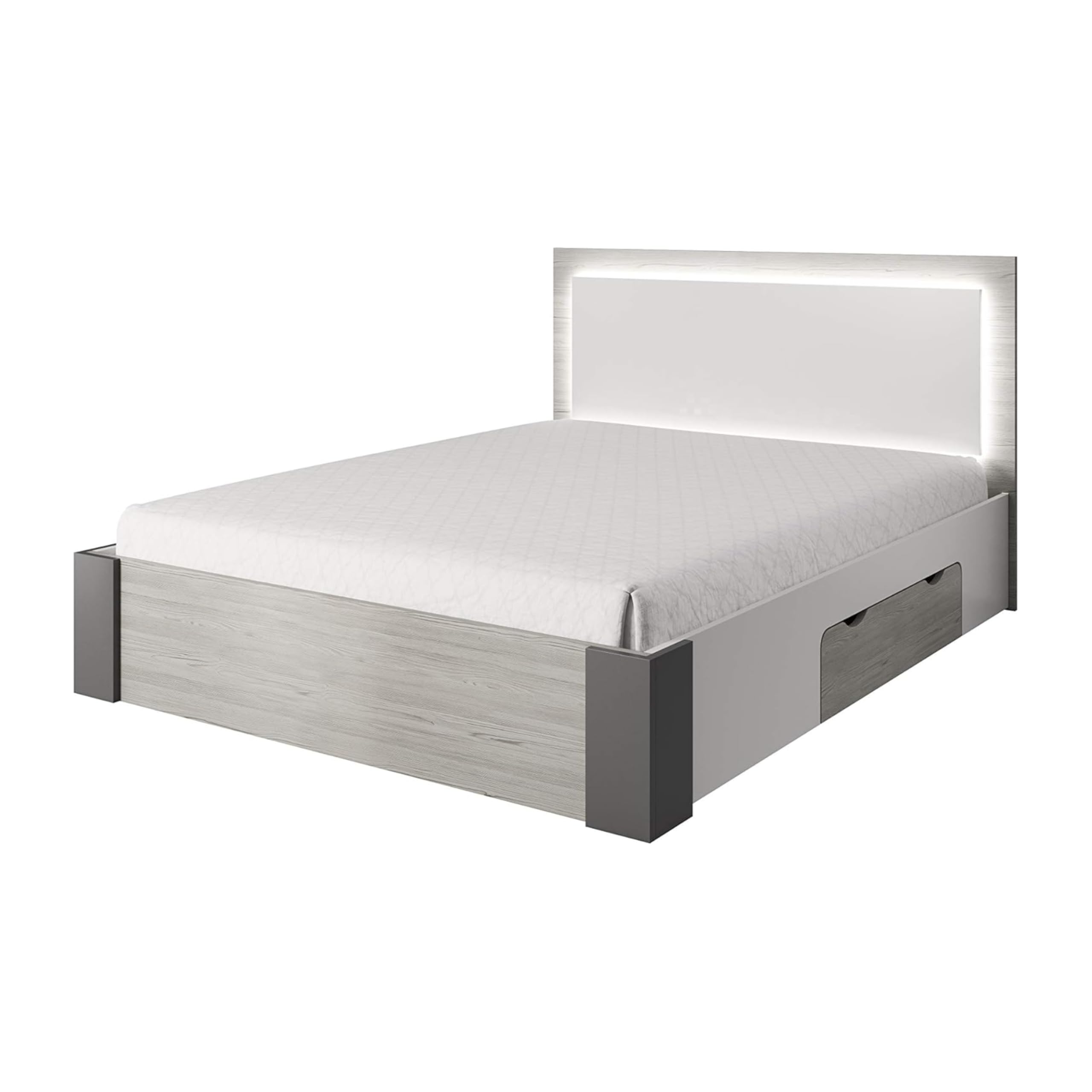 Hellios III - Chambre à Coucher Adulte Complète Avec lit 160x200 Avec Matelas, 2 Tables De Chevet, Commode, Armoire Avec Portes Coulissantes L:231 x H:210 x P:57 cm, Superb - Blanc/Kathult+Gris
