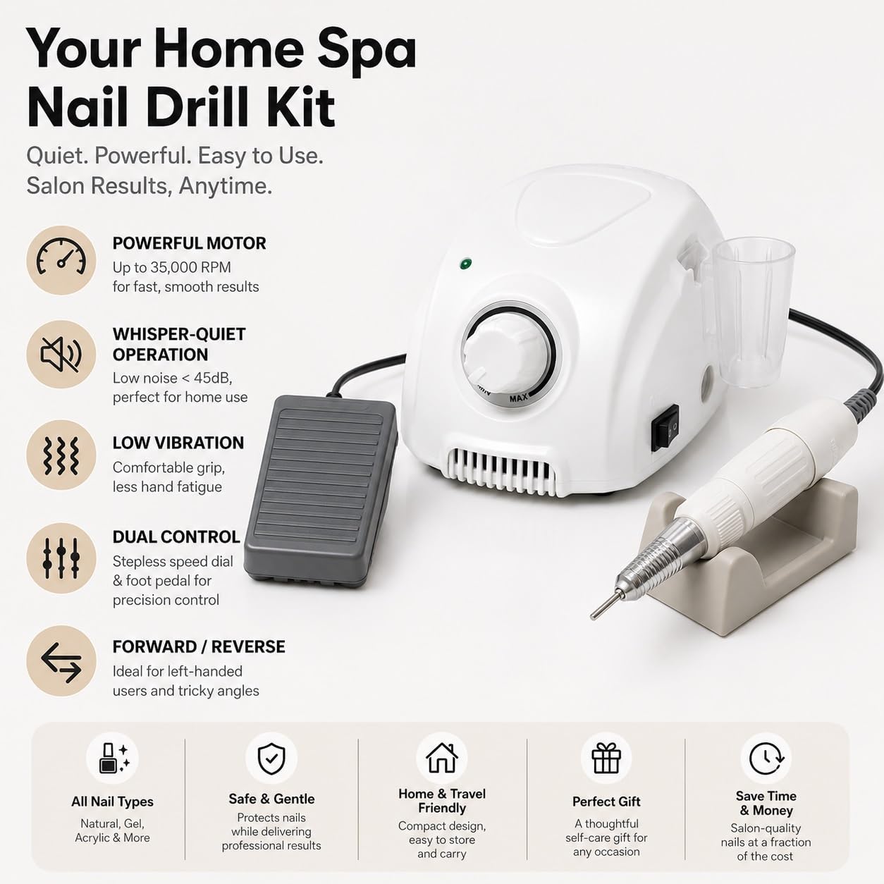 Kit Trapano Unghie Elettrico Manicure Pedicure Cassa – Edile Silenzioso Basse Vibrazioni 35000 Giri/Min Con Pedale, Strumento Modellare Unghie Gel Acrilico, Set Completo Salone Casa(A)