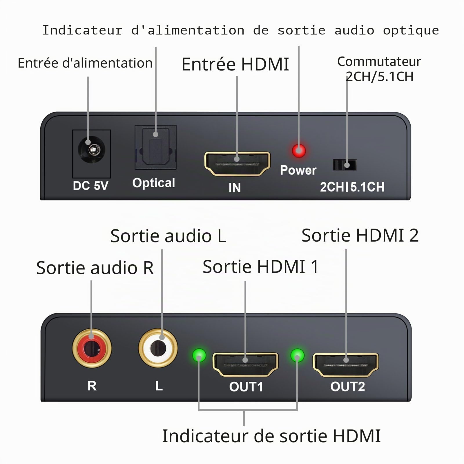 HDMI Extracteur Audio 1x2 Séparateur 4Kx2K 3D Adaptateur DC 5V 1A HDMI vers SPDIF Toslink Optical+2 Sorties HDMI Vidéo Splitter Convertisseur HD Numérique vers Stéréo Analogique R/L Audio 2CH/5.1CH