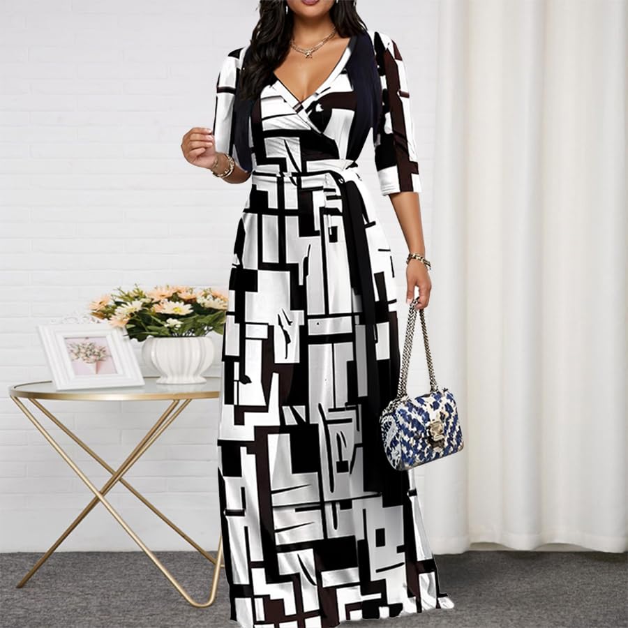 Image of CaniBtr Maxi Dresses for Women Plus Size 3 /4 Sleeve Long Dress with Belt