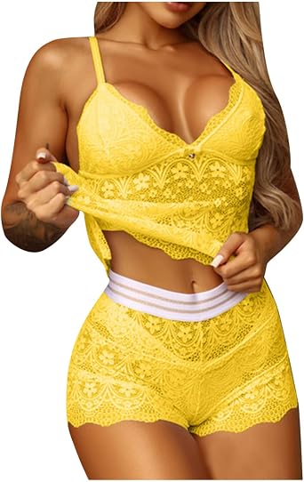 Womens Sexy Lingerie Sets 3 Piece Lace Camisole Bra Embroidery Mesh Shorts and Panties Strappy Babydoll Bustier Suit