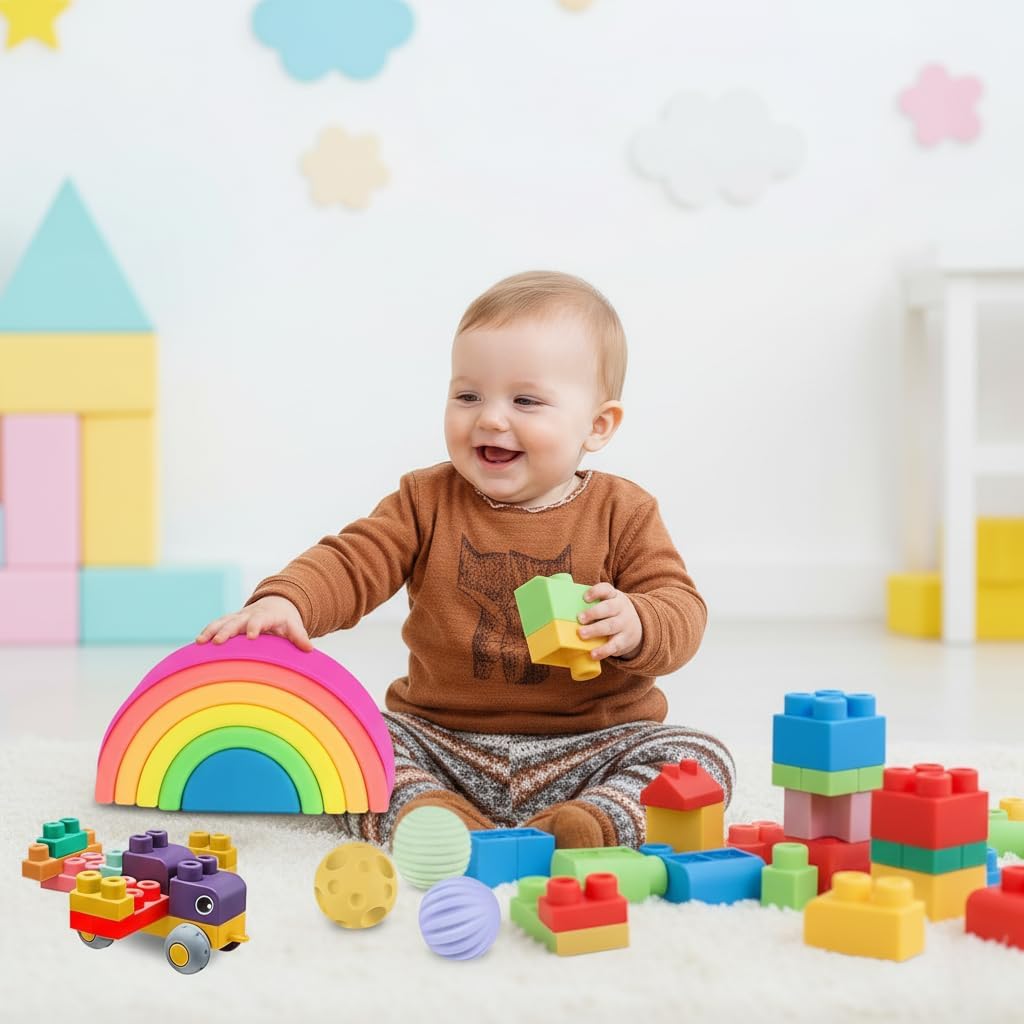 Soft Building Blocks for Toddlers, 40 PCS Large Stacking Blocks for Babies 6 Months+, STEM Toddler Teething Toys, Silicone Stacking Toys for Babies, Rainbow Stacker Montessori Nesting Blocks