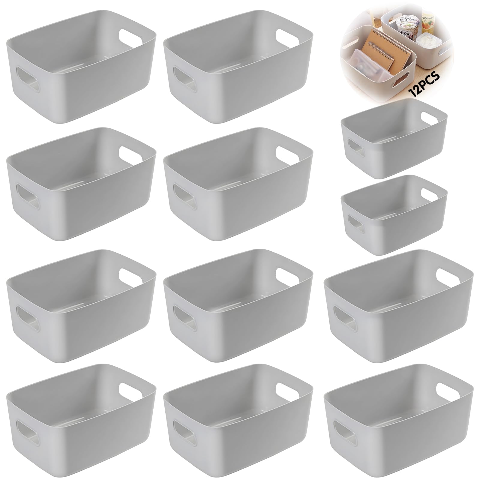 12 Pezzi Cestino Portaoggetti Plastica,Cestini Portaoggetti Plastica,Scatole Organizer,con Manici,per Bagno,Cosmetici,Armadio,Contenitori Salvaspazio Cucina.(Grigio)