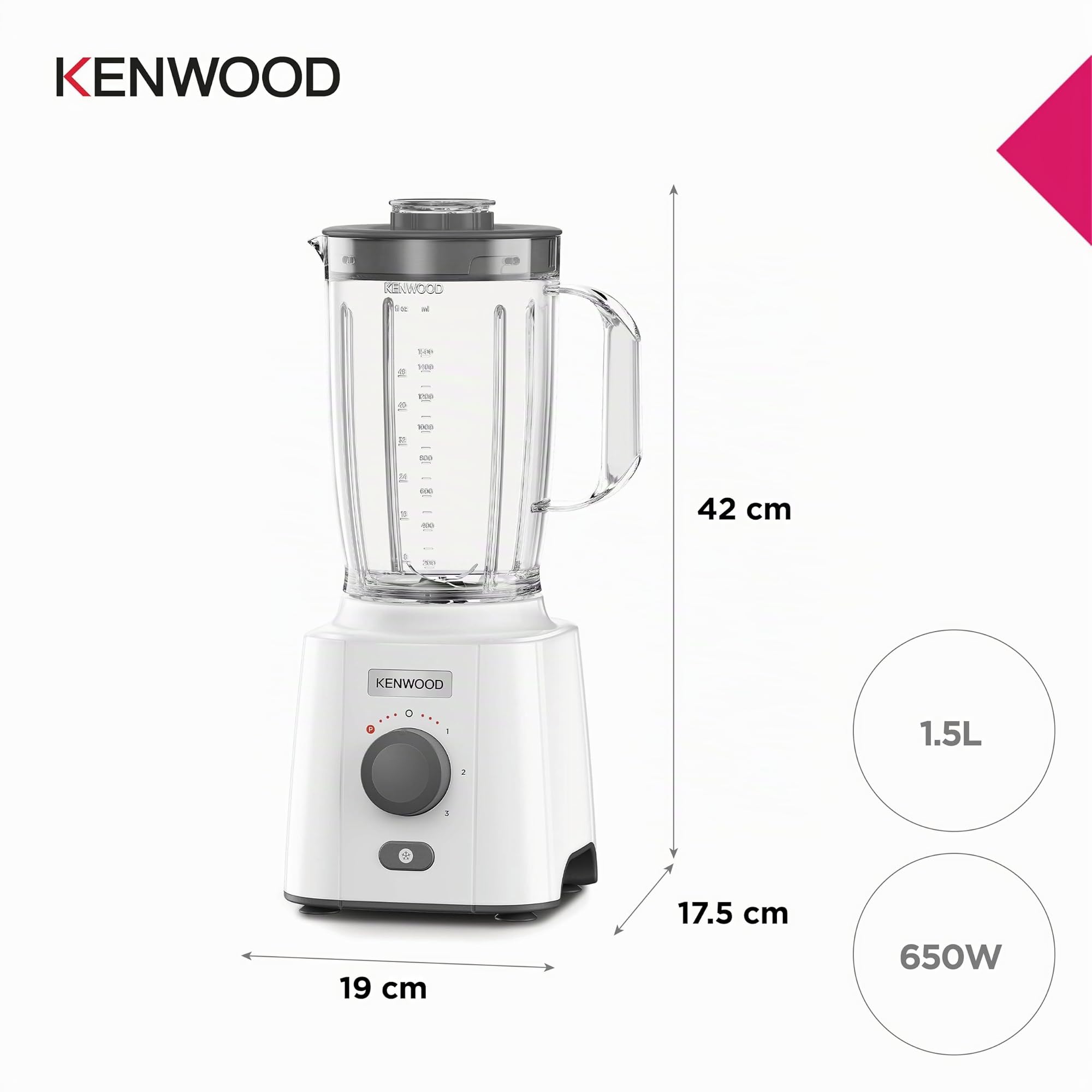Kenwood BLP41.A0WH Frullatore, Caraffa da 2 L dotata di pratica maniglia, lame in Acciaio, 3 velocità + Pulse, Coperchio con tappo, Piedini antiscivolo, 650 watt, Plastica, Bianco e Grigio